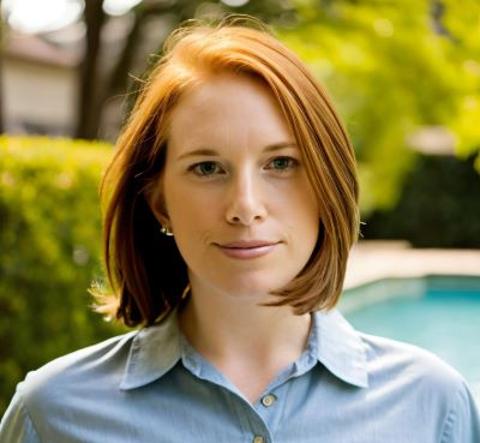 Susanna Taylor standing in front of an outdoor swimming pool