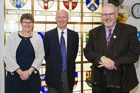 Susan Paterson, Chris Proudman and Niall Connell in October 2019 following the approval of the University of Surrey's veterinary degree 